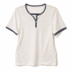 🦜 White Split-Neck Contrast Trim Short Sleeve Top - L